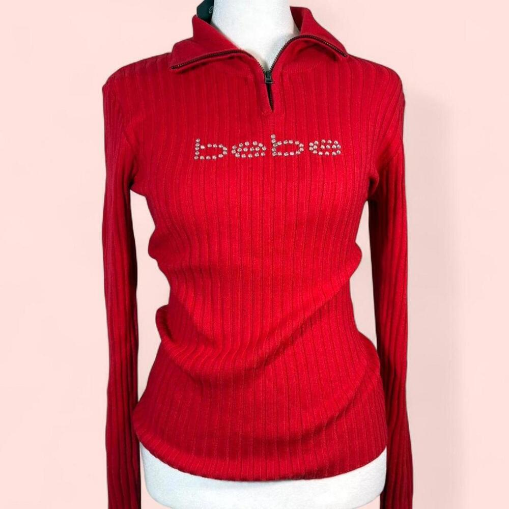 Bebe Wmens Size Small Fed Quarter Zip Ribbed Sweater Rhinestones Glam‎ NWT